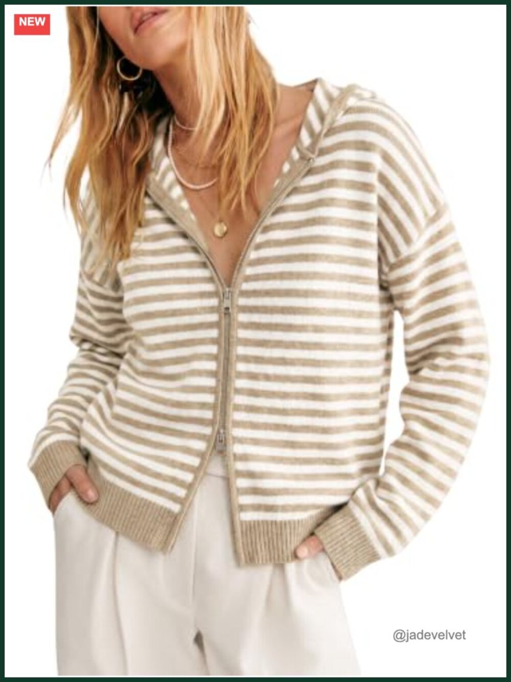 Striped Hooded Zip Up Knit Cardigan Long Sleeve Loose Fit Sweater